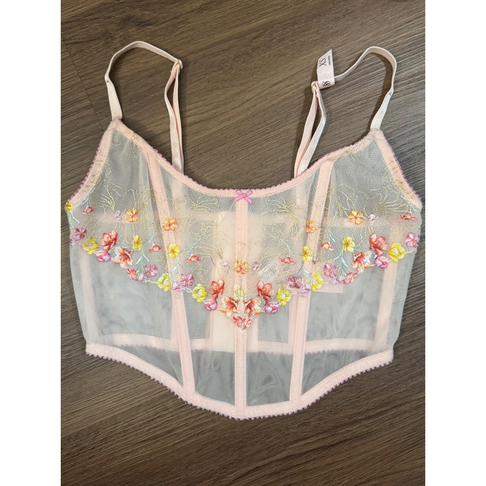 Victorias Secret Pink Floral Embroidered Mesh Corset Top XS NWT 11264596 CC 75XH